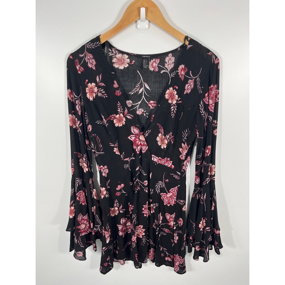 Babydoll Whimsigoth Dark Fairy Witchy Womens Dress S Black Floral Flare Sleeves